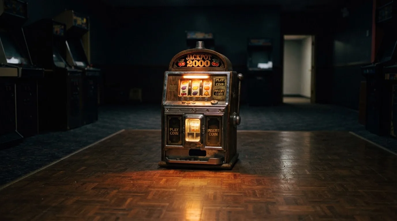 En gammal spelautomat lyser i den dunkla hallen och speglar sig i golvet — svenska casinon utan registrering