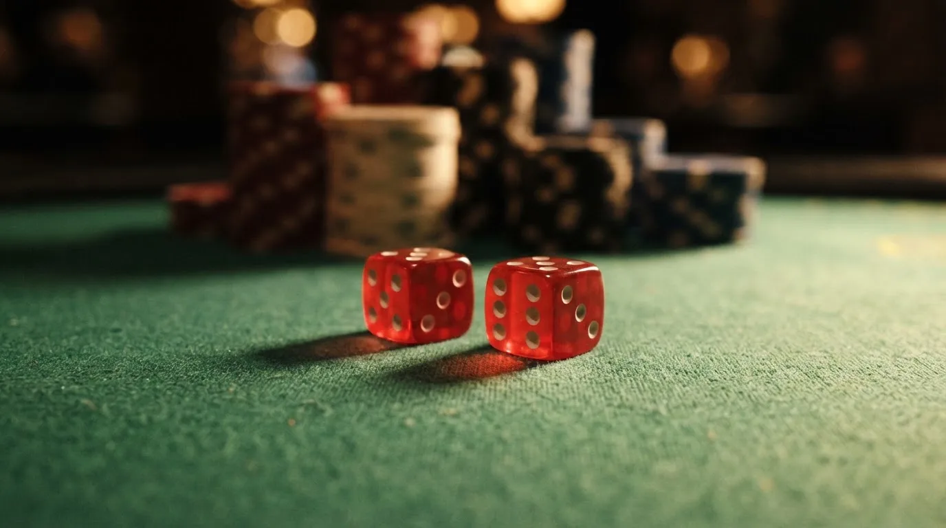 Röda tärningar vilar på grönt filt, bakom dem suddiga torn av spelmarker i kvällsdunklet — svenska casinon utan spelpaus