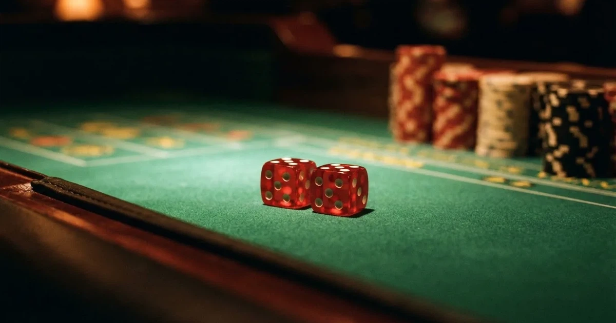 Röda tärningar vilar på grönt filt, bakom dem suddiga torn av spelmarker i kvällsdunklet — svenska internet casinon