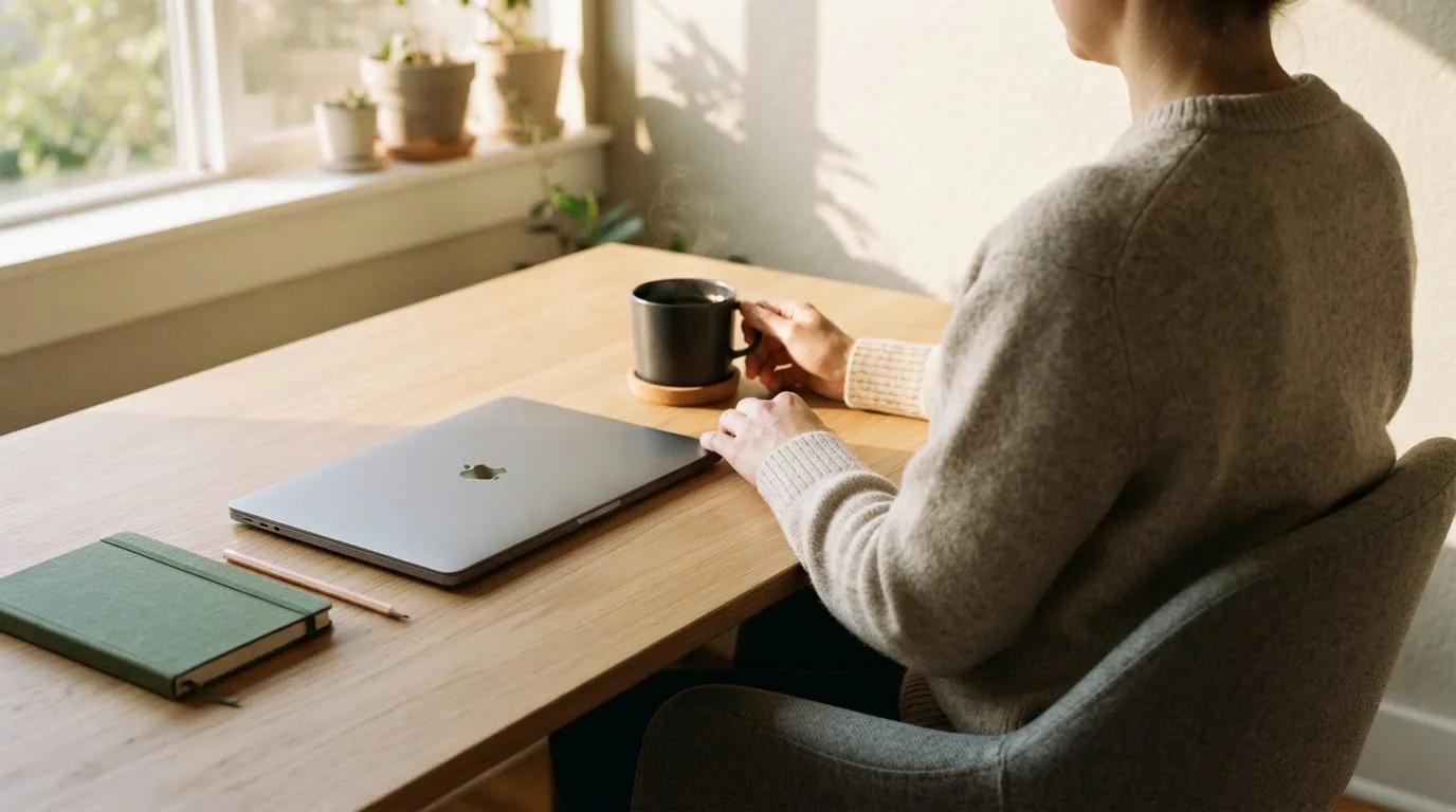 En person sitter vid ett skrivbord hemma med en kopp kaffe och en bärbar dator stängd bredvid sig i morgonljus.