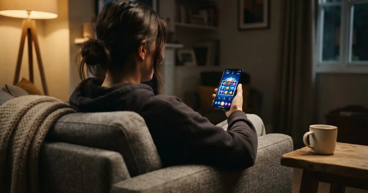En hand håller en smartphone med skärmen vänd nedåt medan personen sitter avslappnat i en fåtölj i mjukt ljus.