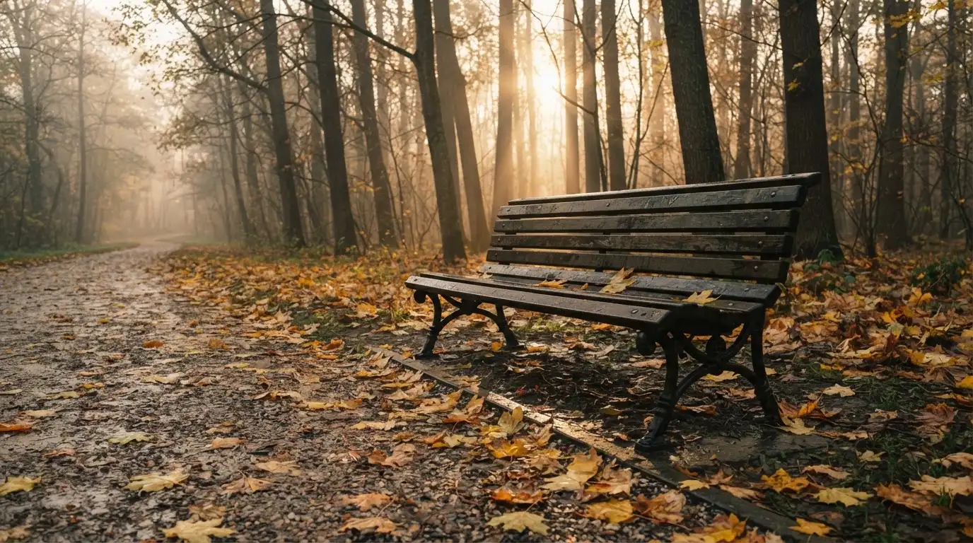 En tom parkbänk en höstmorgon, gula lönnlöv på stigen och låg sol mellan träden — svenska nätcasinon