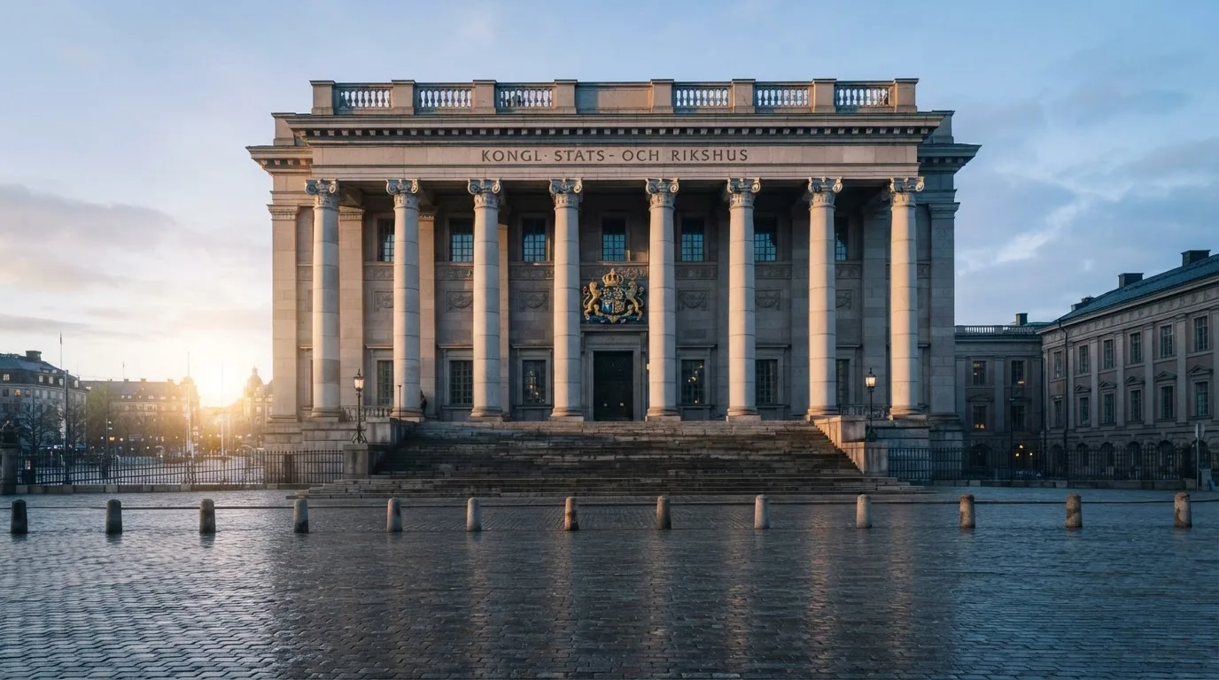 Stenfasad på en statlig byggnad i Stockholm vid gryning, höga pelare och ett tomt torg framför — svenska online casinon