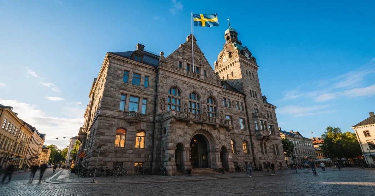 Ett gammalt stadshus i sten fotograferat underifrån mot en klarblå himmel, med den svenska flaggan som fladdrar ovanför entrén.