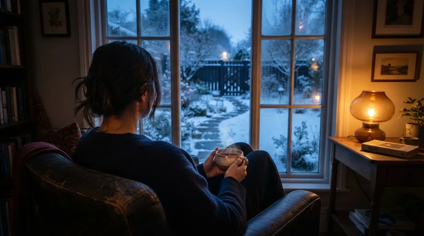 En person sitter ensam vid ett fönster i skymningen och håller en tekopp, med en rofylld vinterträdgård synlig utanför glaset.