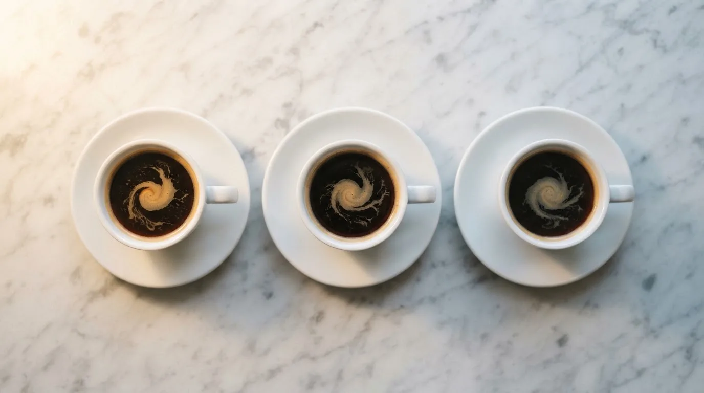 Tre kaffekoppar i rad på ett vitt marmorbord, sedda ovanifrån — casinon utan omsättningskrav