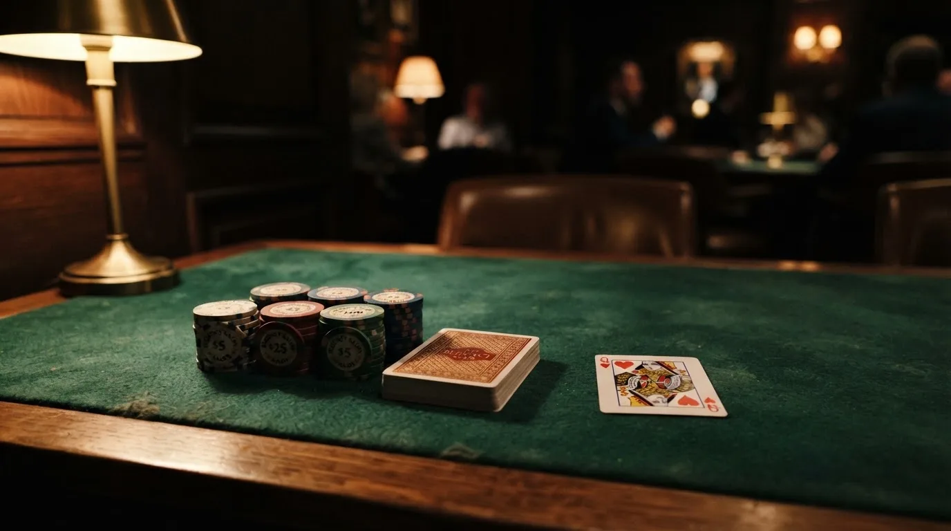 Kortlek och staplar av spelmarker på ett grönt filtbord i en dunkel salong, varmt lampsken — utländska casinon i sverige