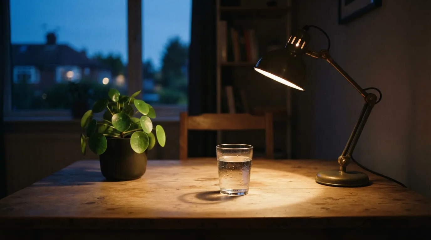 En skrivbordslampa lyser upp ett vattenglas och en kruka, rummet bakom mörknar sakta — utländska casinon i sverige
