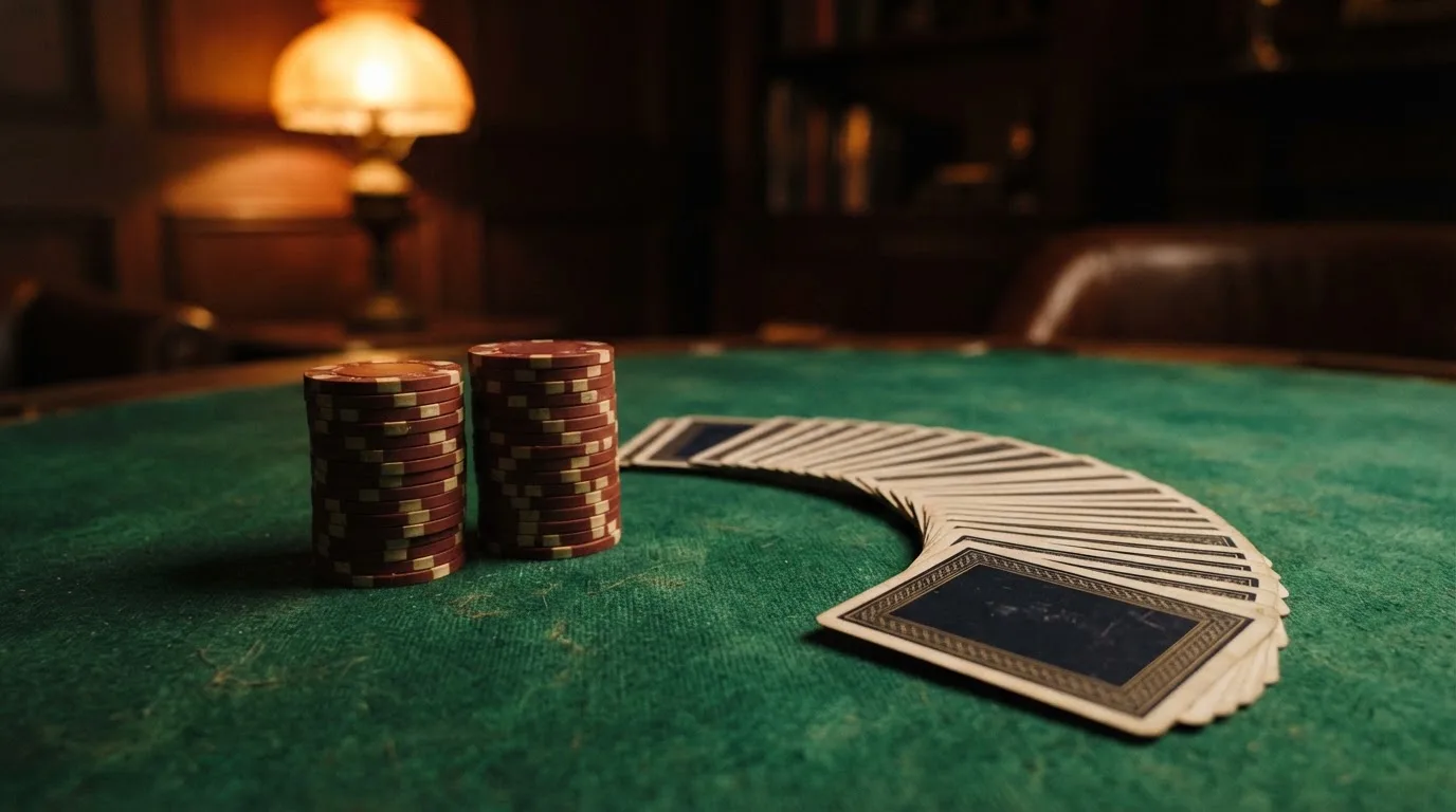 Kortlek och staplar av spelmarker på ett grönt filtbord i en dunkel salong, varmt lampsken — vinna på svenska casino